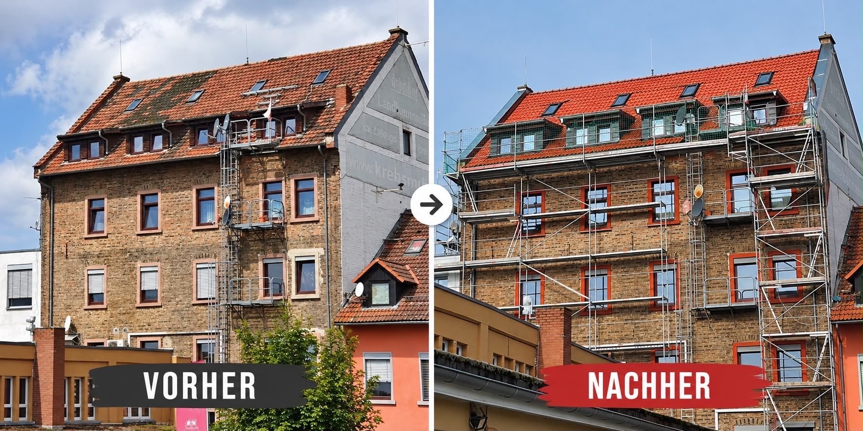 Vorher-Nachher: Neueindeckung Mehrfamilienhaus mit Gauben