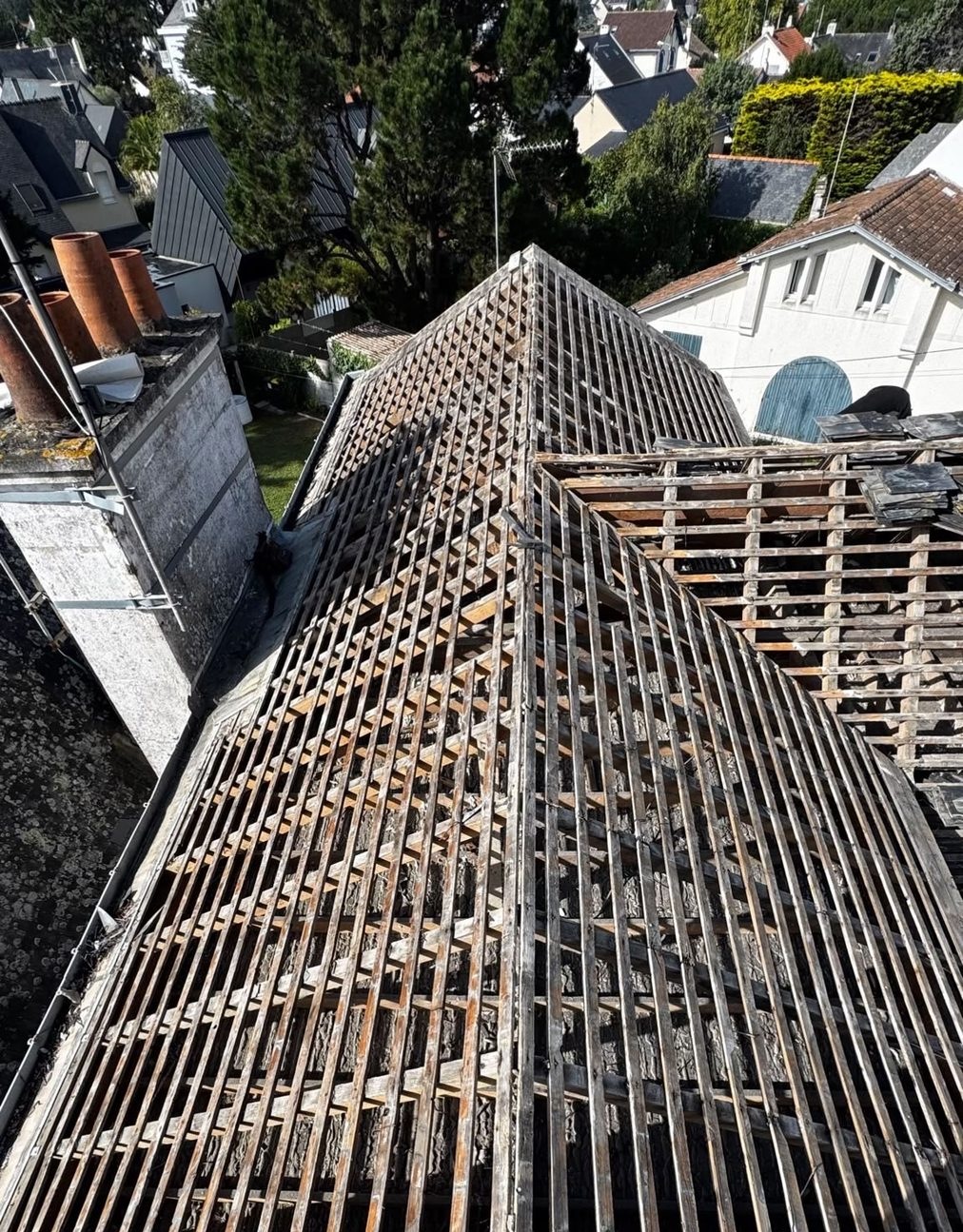 Abgedecktes Steildach mit freiliegender Lattung und Kamin
